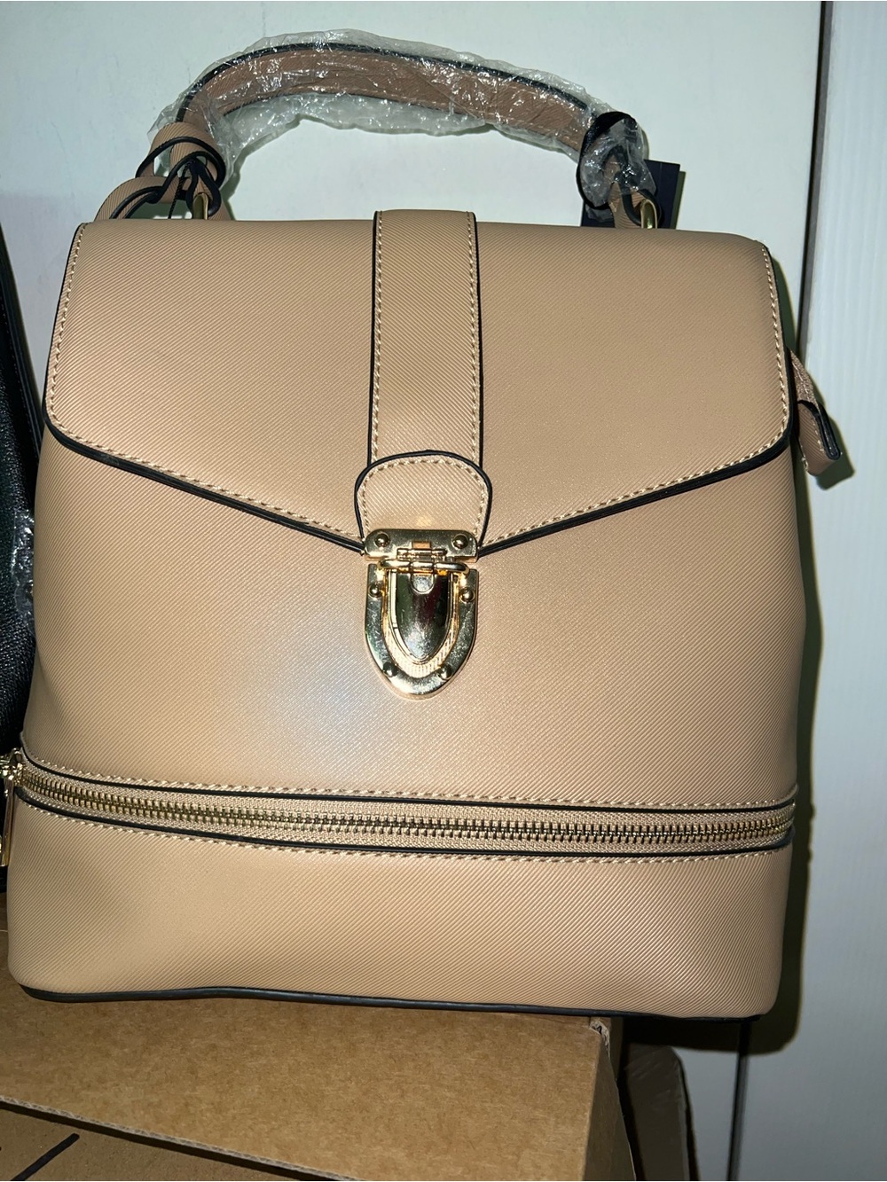 Beige Women’s Structured Top-Handle Bag with Gold Hardware